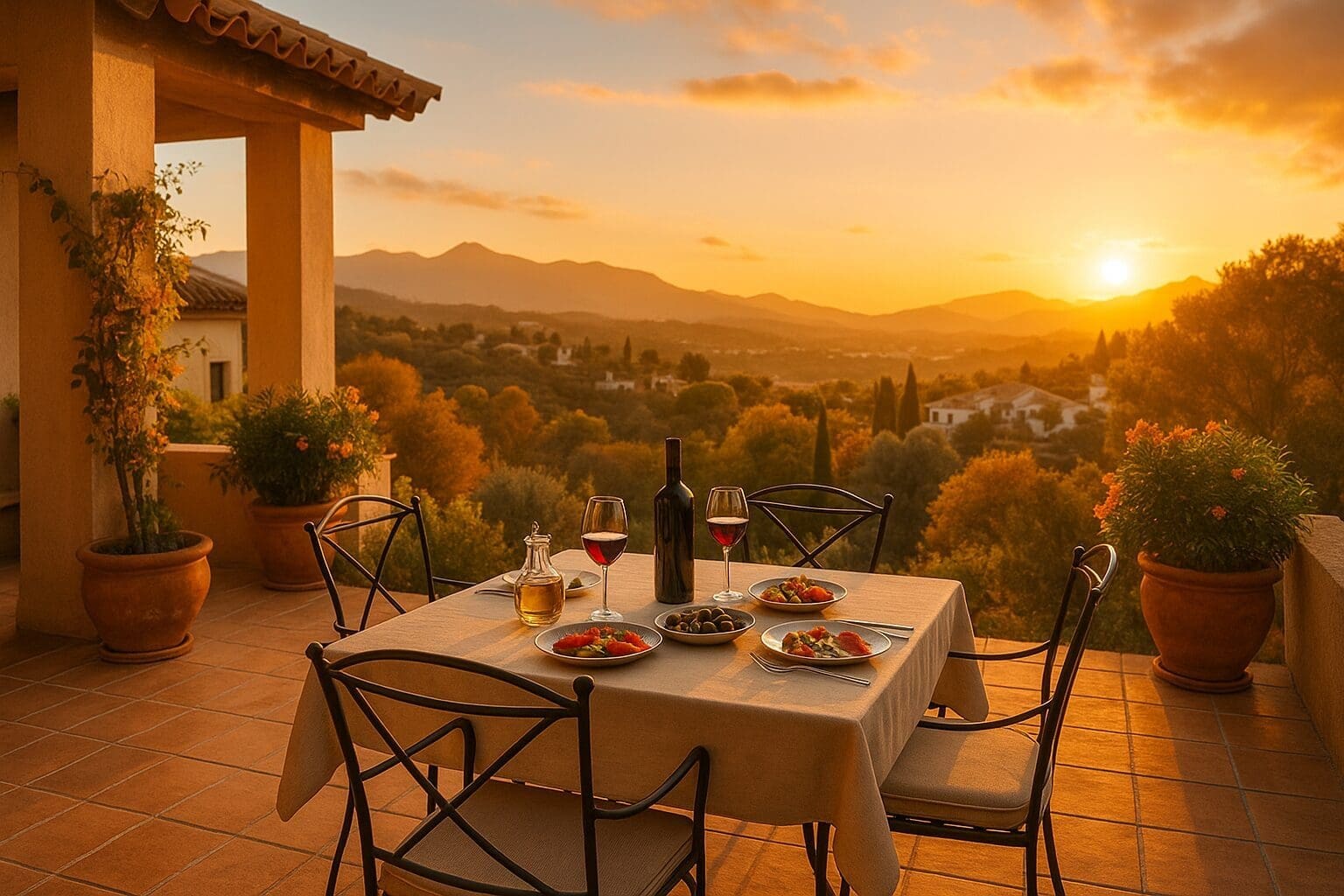 Autumn Evening in Benahavis A table set for dinner on a terrace overlooking the mountains in Benahavis on an autumn evening